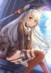  1girl amatsukaze_(kantai_collection) blush choker garter_straps kantai_collection ks long_hair looking_at_viewer personification red_legwear rensouhou-kun school_uniform serafuku sitting striped striped_legwear thighhighs white_hair yellow_eyes zettai_ryouiki 