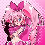  1girl ;o blue_eyes blush bow braid breast_rest breasts choker crossed_arms cure_melody frills hair_bow houjou_hibiki iruka-margarine large_breasts long_hair magical_girl mound_of_venus one_eye_closed pink pink_background pink_hair pink_skirt precure ribbon skirt solo suite_precure twintails wink 