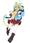  1girl :d animal_ears cat_ears cat_tail detached_sleeves dodome-iro_mayonnaise fang green_eyes green_hair open_mouth original sharon_(dodomayo) short_hair sleeveless_hoodie smile solo tail thighhighs 