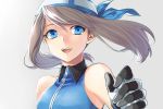  1girl bandana blue_eyes blurry brown_hair bust depth_of_field face fang gloves looking_at_viewer obo odamaki_sapphire open_mouth pokemon solo 