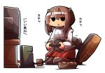  1girl brown_hair controller cup game_controller hyuuga_(kantai_collection) kantai_collection koruneriusu personification seiza short_hair simple_background sitting solo teacup television triangle_mouth white_background 