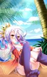  1girl absurdres adjusting_clothes adjusting_legwear ball beach beachball bikini blue_sky blush clouds crown feet gradient_hair guhua67 highres lens_flare multicolored_hair no_game_no_life ocean palm_tree sand shiro_(no_game_no_life) sitting sky swimsuit thighhighs toes tree yellow_eyes 