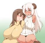  2girls blush breasts brown_eyes brown_hair closed_eyes covered_navel dark_skin eyebrows gradient gradient_background green_background horns huge_breasts impossible_clothes impossible_sweater kaz_(shade) long_hair multiple_girls original ribbed_sweater sleeveless sleeveless_turtleneck sweatdrop sweater thick_eyebrows thighs turtleneck white_hair 