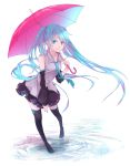  1girl absurdres aqua_eyes aqua_hair boots detached_sleeves dlei hatsune_miku highres long_hair necktie skirt smile solo thigh_boots thighhighs twintails umbrella very_long_hair vocaloid white_background 