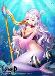  1girl aile_(crossroads) breasts bubble character_request cleavage coral detached_sleeves earrings fish harp head_fins instrument jewelry large_breasts long_hair long_sleeves mermaid monster_girl open_mouth orange_eyes smile solo underwater unleashed white_hair 