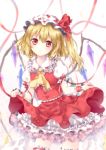  1girl arm_ribbon ascot backlighting blonde_hair embellished_costume flandre_scarlet hat hat_ribbon looking_at_viewer mob_cap petticoat puffy_sleeves red_eyes ribbon riichu shirt short_sleeves skirt skirt_lift skirt_set solo thigh_strap touhou vest wings wrist_cuffs 