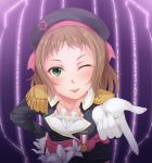  1girl ;p beret brown_hair epaulettes flower gloves green_eyes hat kira_tsubasa love_live!_school_idol_project mukunokino_isshiki one_eye_closed pauldrons skirt solo tongue wink 