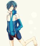  1boy blue_hair free! hagino_3 hair_over_one_eye high_speed! jacket jammers kirishima_ikuya red_eyes solo swimsuit 