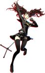  1girl arm_up black_legwear brown_hair brown_shoes dark_persona earrings grin highres holding jewelry kujikawa_rise leg_up long_hair microphone_stand official_art parted_lips persona persona_4 persona_4:_the_ultimate_in_mayonaka_arena school_uniform shadow_(persona) skirt smile soejima_shigenori thighhighs white_background yellow_eyes 