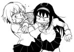  2girls akemi_homura anger_vein angry biting biting_hand dddoochi1 hairband long_hair mahou_shoujo_madoka_magica miki_sayaka monochrome multiple_girls sharp_teeth short_hair 