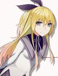  1girl akemi_homura akemi_homura_(cosplay) alternate_costume arms_behind_back blonde_hair blue_eyes blush cosplay hair_ribbon kirisaki_chitoge light_smile long_hair looking_at_viewer magical_girl mahou_shoujo_madoka_magica nisekoi piza_rokumai ribbon simple_background solo white_background 