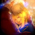  1boy 1girl archer blonde_hair fate/stay_night fate_(series) hug saber sleeping tan white_hair 