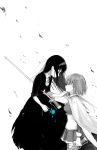  2girls akemi_homura blood blue_rose cape dddoochi1 eye_contact flower funeral_dress hair_ornament hairclip hand_on_another&#039;s_chin homulilly long_hair looking_at_another magical_girl mahou_shoujo_madoka_magica mahou_shoujo_madoka_magica_movie miki_sayaka monochrome multiple_girls rose short_hair spoilers spot_color stabbed sword weapon 