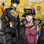  2boys black_hair chain cigarette gakuran hand_on_hip hat higashikata_jousuke jojo_no_kimyou_na_bouken kuujou_joutarou long_coat multiple_boys pompadour rabbit road_sign sahau228 school_uniform sign smile yellow_eyes yellow_sky 