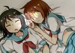  2girls black_hair brown_eyes drooling furutaka_(kantai_collection) glowing glowing_eye hair_ornament hairclip highres kako_(kantai_collection) kantai_collection long_hair multiple_girls navel neckerchief ponytail ryuki_(ryukisukune) school_uniform serafuku short_hair skirt sleeping trembling wavy_mouth 