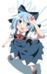  1girl absurdres blue_dress blue_eyes blue_hair blush bow cirno do_(4-rt) dress fang hair_bow heart highres ice ice_wings looking_at_viewer looking_up open_mouth puffy_sleeves shirt short_sleeves smile solo touhou wings 