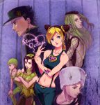  3boys 3girls blonde_hair foo_fighters green_hair hermes_costello jojo_no_kimyou_na_bouken kiryamu kuujou_jolyne kuujou_joutarou multiple_boys multiple_girls narciso_anasui weather_report 