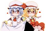  2girls :&gt; aizawa_nanashi ascot bat_wings bespectacled blonde_hair blue_hair fang fang_out flandre_scarlet glasses hat hat_ribbon heart looking_at_viewer mob_cap multiple_girls outline red-framed_glasses red_eyes remilia_scarlet ribbon semi-rimless_glasses short_hair short_sleeves siblings simple_background sisters skirt skirt_lift skirt_set smile touhou under-rim_glasses white_background wings wrist_cuffs 
