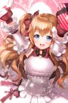  1girl aile_(crossroads) blue_eyes blush bow breasts detached_sleeves dress frills gloves hair_ribbon heart holding isfeldt letter long_hair love_letter open_mouth orange_hair ribbon smile solo sticker sword_girls twintails valentine very_long_hair wavy_hair 