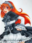  1girl bow dress fang frills gothic_lolita highres lina_inverse lolita_fashion looking_at_viewer open_mouth orange_hair red_eyes shawl simple_background slayers solo traditional_media yashuring 