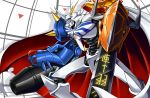  arm_cannon armor blue_eyes cape digimon glowing glowing_eyes highres horns no_humans omegamon seraphwia solo spikes sword weapon yellow_eyes 