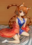  1girl animal_ears blush breasts brown_hair cat_ears cat_tail cleavage highres multiple_tails playjoe2005 red_eyes shikihime_zoushi short_hair sitting smile solo tail 