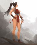  1girl aconitea breasts brown_hair cleavage fan folding_fan hand_on_hip highres japanese_clothes king_of_fighters large_breasts ponytail profile revealing_clothes shiranui_mai solo standing 