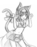  1girl animal_ears cat_ears cat_tail highres looking_at_viewer monochrome navel open_mouth paw_pose playjoe2005 shikihime_zoushi short_hair simple_background smile solo tail tail_bow white_background 