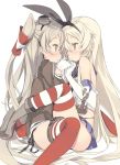  2girls amatsukaze_(kantai_collection) anchor between_legs black_panties blade_(galaxist) blonde_hair blush boots brown_eyes chain elbow_gloves eye_contact face-to-face gloves hair_between_eyes hair_ornament hair_ribbon hairband kantai_collection leg_lock long_hair long_sleeves looking_at_another multiple_girls open_mouth panties pleated_skirt ribbon shimakaze_(kantai_collection) silver_hair simple_background skirt sleeveless striped striped_legwear thighhighs twintails two_side_up underwear very_long_hair white_background white_gloves yuri 