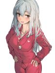  1girl alternate_costume blush breasts brown_eyes geppewi kamishirasawa_keine large_breasts long_hair looking_at_viewer open_mouth silver_hair simple_background smile solo touhou track_suit white_background 