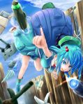  1girl backpack bag blue_eyes blue_hair claws drill drum_(container) hair_bobbles hair_ornament hat highres kawashiro_nitori key looking_at_viewer open_mouth pointing refrigerator shield short_hair smile solo torpedo touhou turret twintails water_gun wrench 