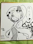  1girl :3 ascot bust dated enami_hakase flandre_scarlet hair_over_one_eye hat long_hair long_sleeves monochrome photo ribbon side_ponytail signature simple_background solo touhou translated wings 