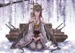  1girl bare_shoulders black_hair closed_eyes detached_sleeves hair_ornament hairband hairclip haruna_(kantai_collection) highres japanese_clothes kantai_collection long_hair nontraditional_miko open_mouth personification saberiii skirt smile solo thigh-highs very_long_hair 
