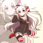  1girl adjusting_hair amatsukaze_(kantai_collection) brown_eyes garter_straps kantai_collection long_hair long_sleeves looking_at_viewer personification rairia red_legwear silver_hair simple_background solo thighhighs twintails 