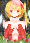  1girl absurdres blonde_hair blush bow breasts cleavage detached_sleeves dress flandre_scarlet hair_bow hat highres long_hair older red_dress red_eyes side_ponytail slit_pupils solo strapless_dress touhou wenhe wings 