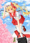  1girl :d absurdres bag blonde_hair blush bow cherry_blossoms clock clock_tower fang flandre_scarlet flying hat hat_bow highres long_hair open_mouth plaid plaid_skirt red_eyes school_bag school_uniform serafuku side_ponytail skirt smile solo thighhighs touhou tower wenhe white_legwear wings 