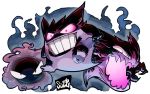  gastly gengar grin haunter highres no_humans open_mouth pokemon pokemon_(creature) sido_(slipknot) signature simple_background smile teeth white_background 