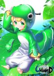  1girl aile_(crossroads) animal_costume barefoot blonde_hair blush caterpillar character_request green green_eyes leaf long_sleeves mouth_hold short_hair sitting solo unleashed 