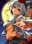  1girl animal_ears autumn_leaves bare_shoulders baretto blush breasts detached_sleeves full_moon hat inubashiri_momiji leaf looking_at_viewer midriff moon mound_of_venus night no_bra pom_pom_(clothes) red_eyes short_hair sideboob silver_hair solo tail tokin_hat touhou wolf_ears wolf_tail 
