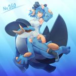  1girl blue_hair detached_sleeves kuromiya personification pokemon pokemon_(creature) pokemon_(game) pokemon_rse short_hair swampert thigh-highs yellow_eyes 