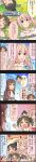  4girls 4koma black_hair bow brown_eyes brown_hair character_name colored comic hair_bow hair_bun hattori_touko highres idolmaster idolmaster_cinderella_girls imai_kana long_hair long_image multiple_girls official_art pink_hair saionji_kotoka short_hair tall_image translated twintails violet_eyes yaguchi_miu 