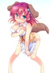  1girl angry animal_ears apron aqua_eyes ass bare_shoulders blush bottomless breasts cleavage covering covering_crotch dog_ears gradient_hair mokoke multicolored_hair no_game_no_life no_panties redhead short_hair solo stephanie_dora tail tears white_background 