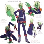  1boy alien antennae belt blood blood_on_face boots claws fangs ftl:_faster_than_light green_hair green_skin insect_boy insect_wings mantis_(ftl) military military_uniform tofu_(mocomocobot) translation_request uniform wings wrist_blades yellow_eyes 