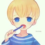  1boy ayu_(mog) blue_eyes brushing_teeth bust english face open_mouth original short_hair solo toothbrush 