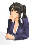  1girl black_hair blush breasts brown_eyes chin_rest cleavage highres large_breasts long_hair muryuuin_tayun office_lady original ponytail smile solo 