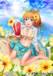 1girl bikini blue_eyes blue_sky bracelet breasts cleavage clouds drink flower front-tie_top glass happy hibiscus jewelry long_hair looking_at_viewer matsurika_youko navel ocean open_mouth original pendant ponytail sarong shiny shiny_skin sitting sky smile solo swimsuit tied_shirt wariza 