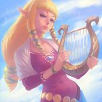  blonde_hair blue_eyes harp ilya_kuvshinov instrument jewelry pointy_ears princess_zelda ribbon skyward_sword the_legend_of_zelda 