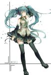  1girl aqua_hair boots character_name detached_sleeves green_eyes hatsune_miku long_hair necktie skirt solo teeth_(artist) thigh_boots thighhighs twintails very_long_hair vocaloid 