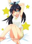  1girl barefoot black_hair blue_eyes feet ganaha_hibiki idolmaster long_hair one_eye_closed ponytail solo sr_soba star stretch toes wince wink 