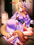  1girl animal_ears bare_shoulders barefoot blonde_hair blue_eyes blush breasts fang hair_ornament japanese_clothes kiseru lantern long_hair looking_at_viewer pipe ribbon sakuya_tsuitachi smile smoking_pipe solo tail tenka_touitsu_chronicle 